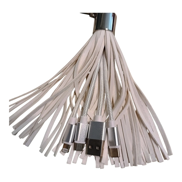NWT USB White Fringe Universal Charger Keychain Bag Charm - Picture 2 of 2
